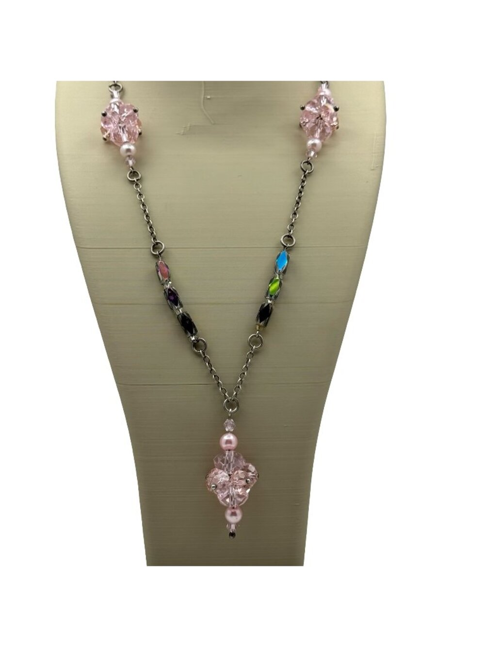 Sterling Pink Crystal Pendant Necklace AB Cats Eye Beads & Silver-Tone Chain 22"